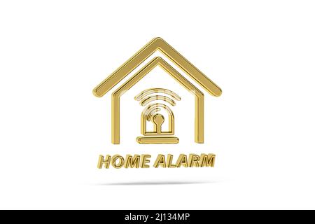Goldenes 3D-Alarmsystem-Symbol auf weißem Hintergrund isoliert - 3D Render Stockfoto