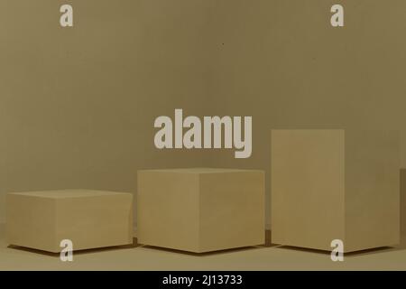 3D Rendern. Set von abstrakten 3D Zimmer mit gelbem Hintergrund, weißen Würfel Schritte Podest Podium-Set. Stockfoto