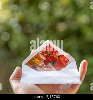 Eine offene Hand hält einen offenen weißen Umschlag mit Blumenschmuck im Inneren vor einem grünen verschwommenen Hintergrund Stockfoto