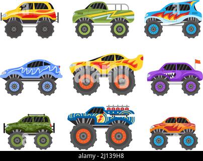 Cartoon Monster Trucks, extreme Offroad-Rennwagen. Monstertruck Fahrzeug mit Flammen. Flacher Kinder Spielzeug-LKW mit großen Rädern Reifen Vektor-Set Stock Vektor