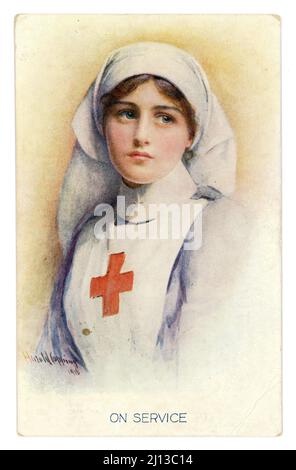 Original WW1 Ära illustrierte farbige Postkarte einer schönen roten Kreuzschwester, 1916, Großbritannien Stockfoto