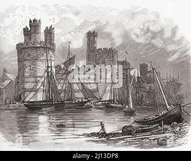 Caernarfon Castle, auch bekannt als Carnarvon Castle oder Caernarvon Castle, Caernarfon, Gwynedd, Nordwestwales, von der anderen Flussseite des Seiont im 19.. Jahrhundert aus gesehen. Aus Welsh Pictures, veröffentlicht 1880. Stockfoto