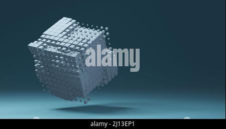 Kleine Kisten, die um einen weißen Würfel schweben. Minimalistischer abstrakter Hintergrund mit Kopierbereich. Futuristischer Style. 3D Abbildung Stockfoto