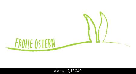 eps-Vektordarstellung von fröhlichen osterbannergrüßen mit Kaninchenohren und ostergrüßen (deutscher Text) auf weißem Hintergrund Stock Vektor