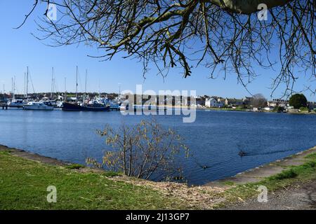 Ein Spaziergang im Frühling entlang der Mündung des Flusses Lune, der Glasson durch Conder Green und entlang der Strecke einer ehemaligen Eisenbahnstrecke einführt. Stockfoto