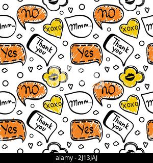 Ein nahtloses Muster aus Sprechblasen mit handgezeichneten Dialogwörtern im Doodle-Stil. Boom, Oops, No, Okay, Wow. Sprache. Vektorgrafik. Stock Vektor