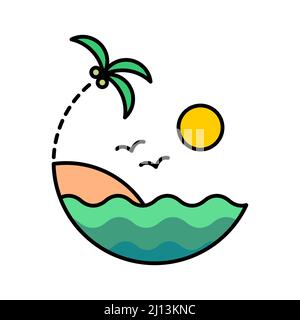 Desert Island. Szene Am Tropischen Strand. Urlaub, Reisen, Tourismus Konzept. Seascape mit Sand, Sonne, Kokospalme und Vögeln. Sommerurlaub. Vektor Stock Vektor