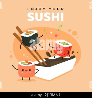 Niedliches Comic-Sushi-Rollen-Poster. Kleine lustige Comic-Food-Charaktere springen in Sojasauce, Werbung japanische Küche Banner, asiatische Restaurant oder Café Stock Vektor