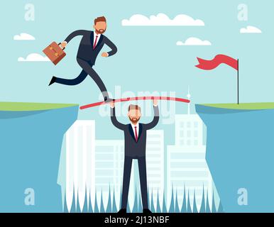 Helfen Sie beim Erreichen des Ziels. Teamarbeit im Unternehmen. Mitarbeiter oder Führungskraft unterstützt bei der Überwindung von Hindernissen, der Partnerschaft für die berufliche Weiterentwicklung, der Zusammenarbeit in Stock Vektor