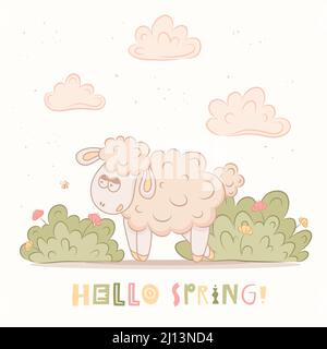 Hallo Frühlingsbanner. Modische Textur. Saisonaufruf, Wochenende, Feiertagslogo. Hintergrundbild Für Den Frühling. Alles gute zum Frühlingstag. Niedliche Schafe Vektor Illustration. Stock Vektor
