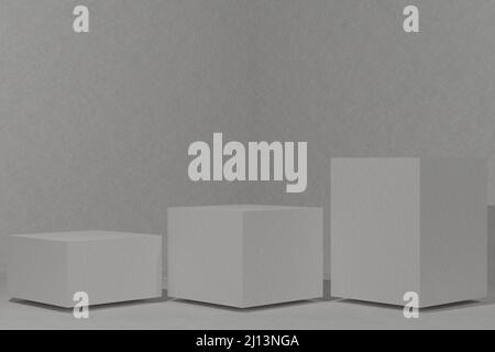 3D Illustration Set von abstrakten 3D Zimmer mit rotem Licht Würfel Schritte Podest Podium Set. Minimale Szene Stockfoto