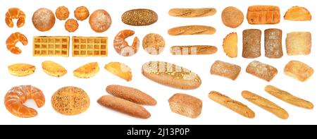 Großes Set gesunde frische Brot Produkte isoliert auf weißem Hintergrund. Stockfoto