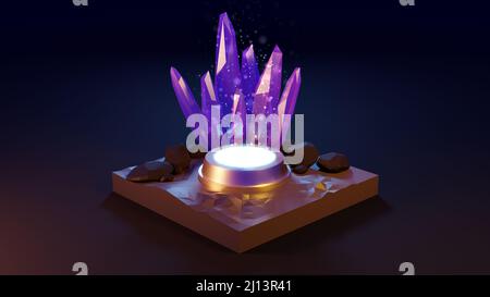 Leuchtende bunte Kristalle auf einem dunklen Hintergrund auf einem Podium. 3D Rendern. Stockfoto