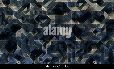 Dunkler abstrakter Hintergrund mit polygonalem chaotischem Muster an der Wand. 3D Rendern. Stockfoto