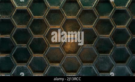 Sechseckiger Hintergrund mit echter metallischer Textur. 3D Rendern. Stockfoto