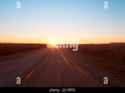 Sonnenaufgang im Feld mit Pfad am frühen Herbstmorgen. Stockfoto