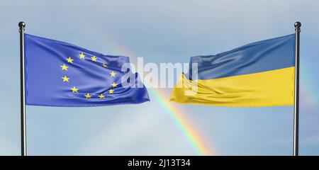 Die Flagge der Europäischen Union und der Ukraine fliegt im Wind vor dem Hintergrund eines Regenbogens und eines blauen Himmels. 3D Rendern Stockfoto