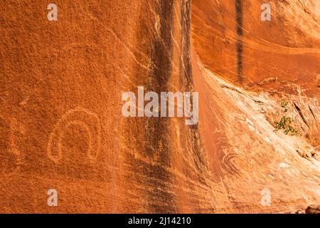 Im Vordergrund eine uralte Petroglyphe der Ureinwohner Amerikas mit geometrischen und anthropomorphen Figuren im Hintergrund dieser uralten Ureinwohner Stockfoto