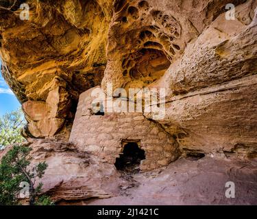 Die Lace Rock Ruin ist eine 1000 Jahre alte Ancestral Puebloan Klippe, die auf Cedar Mesa im Südosten Utahs wohnt. Sein Name stammt aus dem Abschnitt des Felsens l Stockfoto