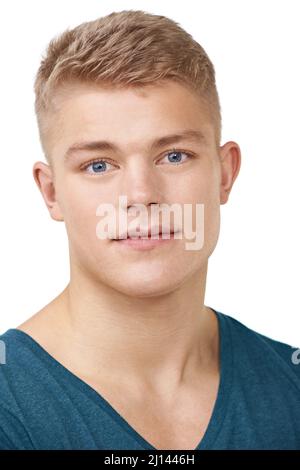 Er lässt die jungen Damen vergehen. Nahaufnahme Porträt eines jungen Mannes isoliert auf weißem Hintergrund. Stockfoto