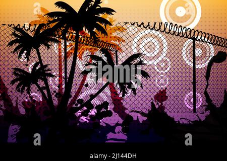 Stacheldraht über der Silhouette von Palmen vor gelbem und violettem Hintergrund Stockfoto