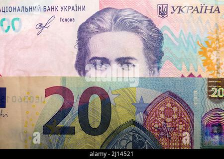 Auf dieser Fototafel sind die 20-Euro-Banknote und die ukrainische 200-Stunden-Banknote mit dem Bild von Lesya Ukrainka zu sehen. Stockfoto