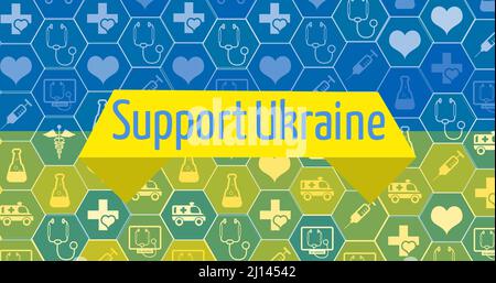 Digital generiertes Bild von Support ukraine Text über Icons auf blauer und gelber ukrainischer Flagge Stockfoto
