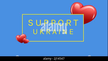 Digital generiertes Bild von Support ukraine Text mit roten Herzformen auf blauem Hintergrund Stockfoto