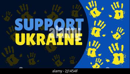 Digital generiertes Bild von Support ukraine Text durch gelbe Handabdrücke auf blauem Hintergrund Stockfoto