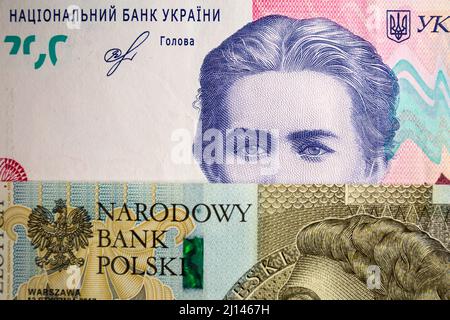 Polen. 9. März 2022. Auf dieser Fototafel sind polnische 500-Zloty-Banknoten und 200 ukrainische Hryvnias-Banknoten mit dem Bild von Lesya Ukrainka zu sehen. (Bild: © Karol Serewis/SOPA Images via ZUMA Press Wire) Stockfoto