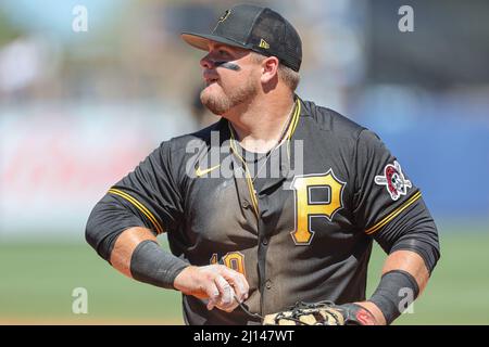 Port Charlotte, FL USA: Pittsburgh Pirates erster Baseman Daniel Vogelbach (19) taucht und schnappt sich einen hart getroffenen Ball und wirft ihn zu Relier Pitcher Quinn Pri Stockfoto