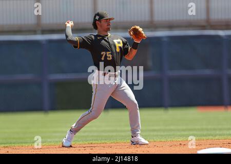 Port Charlotte, FL USA: Pittsburgh Pirates zweiter Baseman Nicky Gonzalez (75) wirft während eines Baseballspiels im Frühjahr gegen den Tamp zum ersten Stockfoto