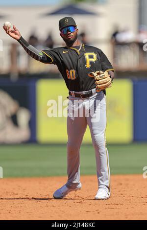 Port Charlotte, FL USA: Pittsburgh Pirates Shortstop Liover Peguero (60) wirft beim Baseballspiel im Frühjahr gegen die Tampa Bay zum ersten Mal Stockfoto