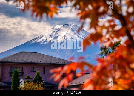 Mt. Fuji hinter dem Haus mit Herbstlaub bei Sonnenuntergang in Fujikawaguchiko, Japan. Stockfoto