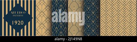 Set mit nahtlosen Vintage-Vektorgrafiken von 1920. Diesel Punk, Great Gatsby Style of Design. Elegante Texturen für Bekleidung, Mode und Hintergründe. Stock Vektor