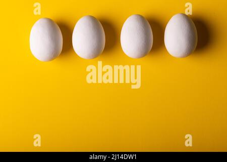 Ansicht von oben mit frischen weißen Eiern nebeneinander auf gelbem Hintergrund mit Kopierraum angeordnet Stockfoto