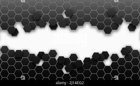 Sechseckiges dunkelgraues Raster mit leerem weißen Platz für Text oder Logo. Moderne Luxus futuristische Hintergrund Illustration Stockfoto