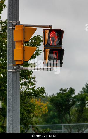 Ontario, Kanada - Ampelkreuzung mit Handzeichen als Hinweis für Fußgänger, vor der Kreuzung zu warten Stockfoto