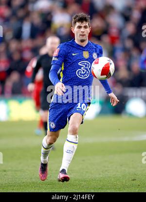 Chelseas Christian Pulisic beim Viertelfinale des Emirates FA Cup im Riverside Stadium, Middlesbrough. Bilddatum: Samstag, 19. März 2022. Stockfoto