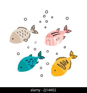 Tropisch blau, rosa, gelb und grau Fisch lächelnd. Cartoon-Vektor-Clipart. Stock Vektor