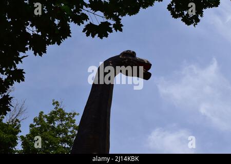 DINO PARK, KHARKOV - 8. AUGUST 2021: Blick auf die wunderschöne Dinosaurier-Skulptur im Park. Brachiosaurus realistisches Modell. Kopf dicht von Dinosaurier. Stockfoto