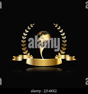 Vektor festgelegt ausgezeichneten Erfolg gold Cup, Lorbeerkranz und ein glänzendes Band auf einem schwarzen Hintergrund Stock Vektor