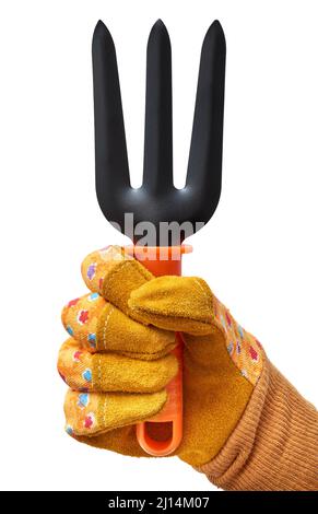 Menschliche Hand in einem gelben Schutzhandschuh mit Gartenwerkzeug, Blick von innen, isoliert auf weißem Hintergrund Stockfoto