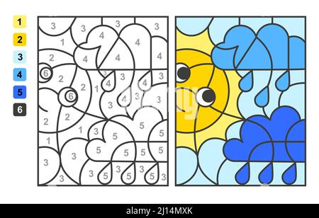 Farbe nach Zahlen Sonne und Wolken. Puzzle-Spiel für Kinder Bildung, Farben für das Zeichnen und Lernen Mathematik Stock Vektor