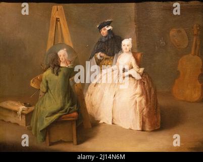 Pietro Longhi Malerei, 'der Maler in seinem Atelier', 1741-1744, 18. Jahrhundert alter Meister, von Longhi, venezianischer Italiener, Öl auf Leinwand. Stockfoto