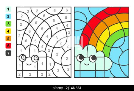 Farbe nach Zahlen Regenbogen und Wolken. Puzzle-Spiel für Kinder Bildung, Farben für das Zeichnen und Lernen Mathematik Stock Vektor