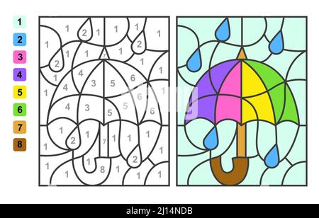 Farbe nach Zahlen Regenschirm. Puzzle-Spiel für Kinder Bildung, Farben für das Zeichnen und Lernen Mathematik Stock Vektor