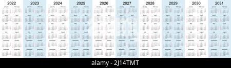 Kalenderplaner 2023, 2024, 2025, 2026, 2027, 2028, 2029, 2030, 2031. Kalendervorlage. Druckvorlage Entwerfen. Die Woche beginnt am Sonntag Stock Vektor