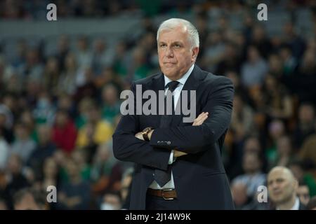 Breslau, Polen, 22.. März 2022. EUROCUP 7days: WKS Slask Wroclaw gegen Partizan NIS Belgrad in der Centennial Hall. Im Bild: Partizan NIS Belgrade Head Coach Zeljko Obradovic © Piotr Zajac/Alamy Live News Stockfoto