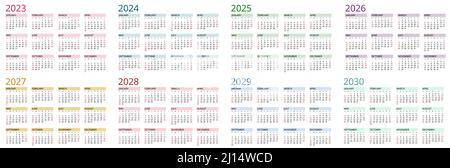 Kalenderplaner 2023, 2024, 2025, 2026, 2027, 2028, 2029, 2030. Kalendervorlage. Druckvorlage Entwerfen. Die Woche beginnt am Sonntag Stock Vektor